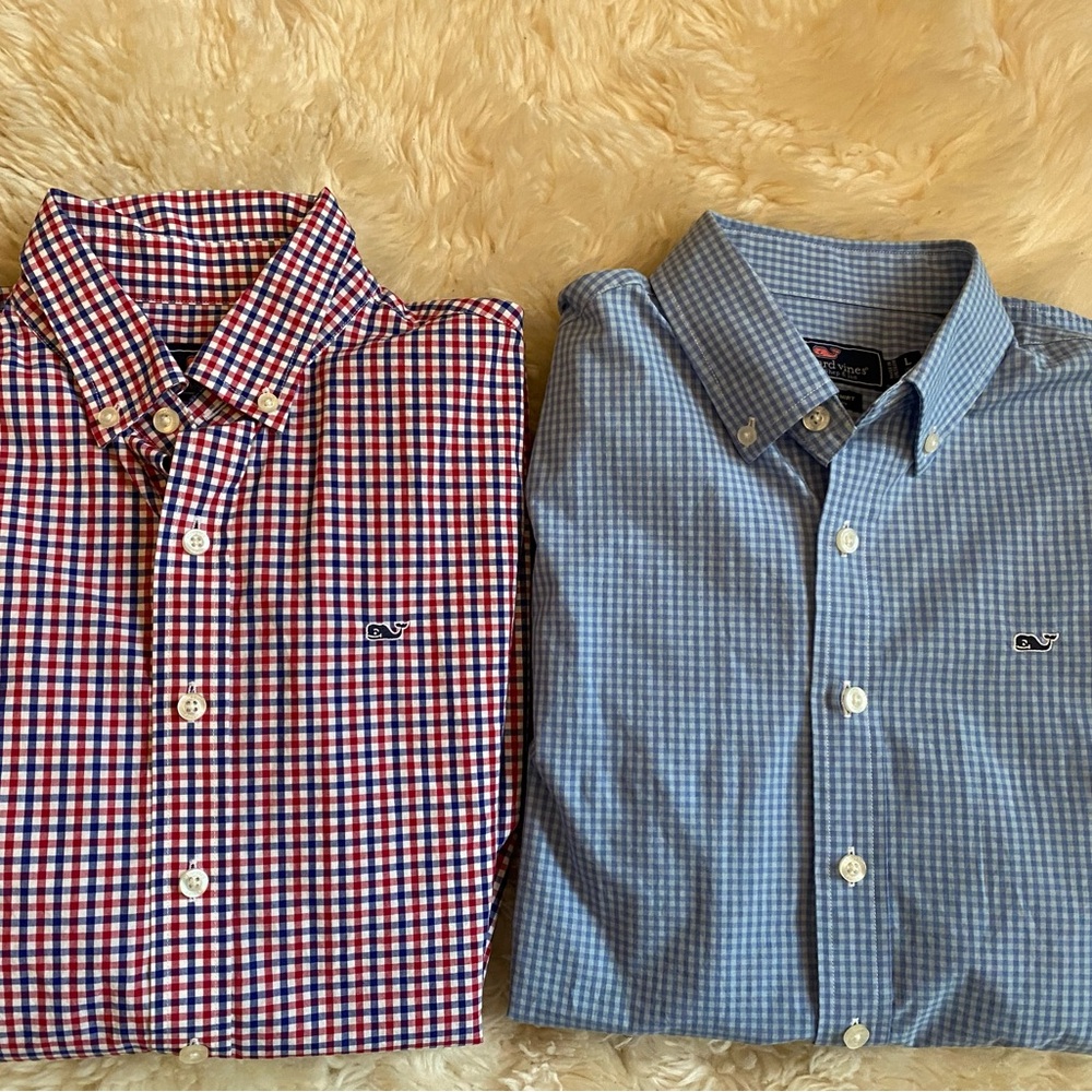Vineyard Vines Men's Red and Blue Checkered Shirts
